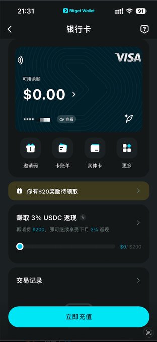 A Bitget Wallet mobile app screen displays a Visa bank card interface with a $0.00 available balance, alongside prompts showing "$20 rewards to claim" and "Earn 3% USDC returns" progress at $0/$200, which illustrates the easy sign-up process described for the Bitget U Card requiring minimal balance and verification steps.