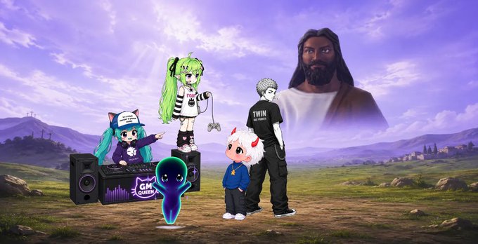 A promotional image for the game "MoeFights" on 81eggs.com, featuring chibi-style characters including one with a "TWIN" shirt and another labeled "GM" near a DJ speaker, set against a landscape with a large bearded figure and purple skies, highlighting the addition of 5 new fighters and maps bringing the total to 22 playable characters.