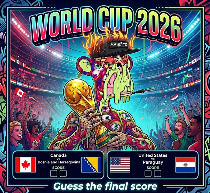 The image features a cartoon monkey holding a trophy, with a crowd of people surrounding him. The caption reads "Guess the final score @tobiszn696 on guessing this right. Check ur inbox. Here'S another contest. Predict correctly and win some $BNB".