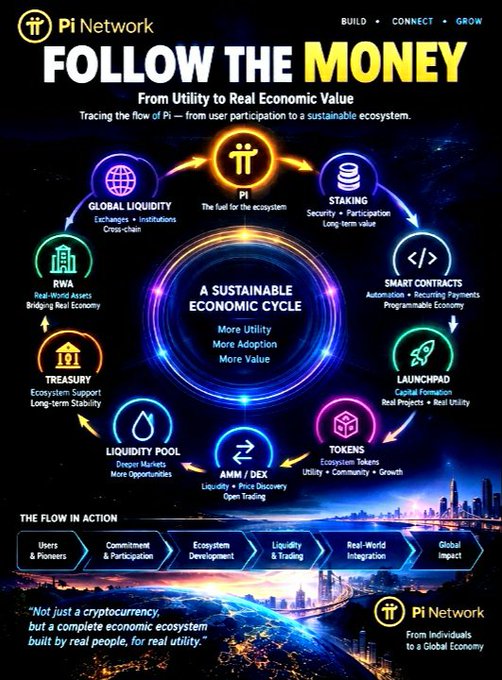 An infographic for Pi Network titled 'FOLLOW THE MONEY' illustrates a sustainable economic cycle with components like Global Liquidity, Staking, and Treasury.