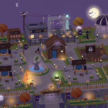 An isometric view of a Halloween-themed miniature town with pumpkins, witch hats, and various labeled stalls like 'STORAGE' and 'POND'.