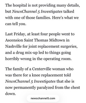 A text excerpt from newschannel5.com detailing a drug mix-up at Ascension Saint Thomas Midtown in Nashville that left a Centerville woman permanently paralyzed.