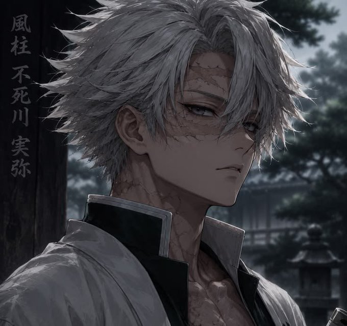 A close-up illustration of a white-haired anime character with cracked skin on his face and neck, accompanied by Japanese kanji text '風柱 不死川 実弥' on the left side.