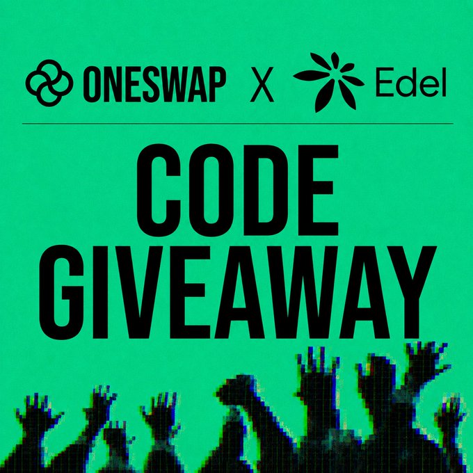 The image is a vibrant green promotional graphic for a "CODE GIVEAWAY" collaboration between OneSwap and Edel, featuring silhouettes of raised hands at the bottom, aligning with the post's announcement of 200 Edel Runway codes being given to the OneSwap community for trading and earning rewards on the platform.