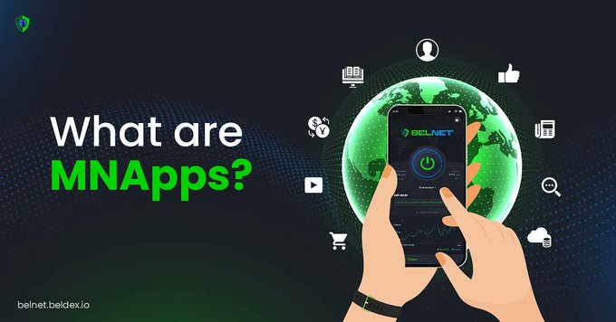 A graphic asking 'What are MNApps?' featuring the Beldex logo and an illustration of hands holding a smartphone with various app icons floating around a globe.