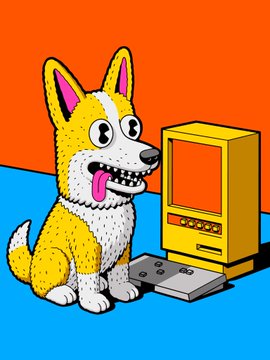A cartoon illustration of a yellow and white dog with its tongue out, sitting next to a yellow retro gaming console with a controller on a blue floor against an orange background.