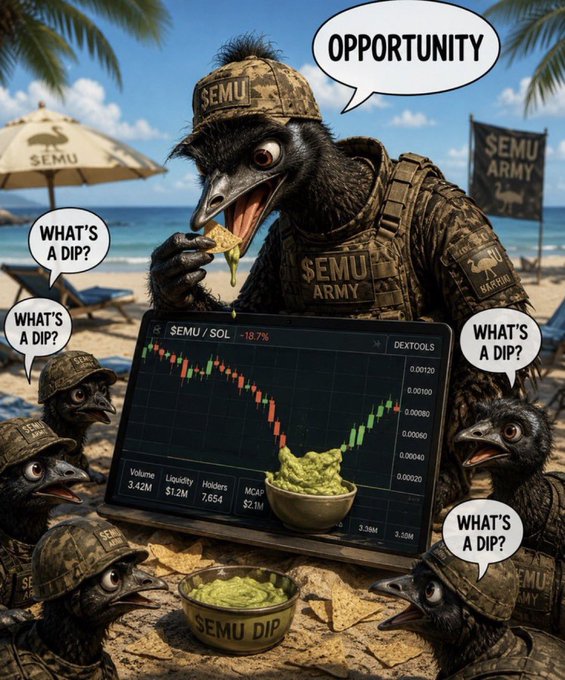 An emu wearing a "SEMU ARMY" cap eats guacamole dip while surrounded by smaller emus on a beach, with a laptop showing the $EMU/SOL trading chart down 18.7% and speech bubbles reading "OPPORTUNITY" and "WHAT'S A DIP?"—mocking the downturn as a buying opportunity for the $SEMU token community.