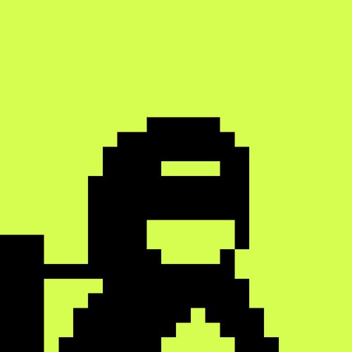 A pixelated black silhouette of a hooded figure holding what appears to be a weapon against a bright neon green-yellow background.