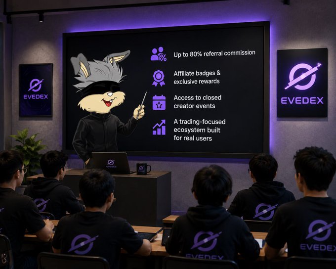 The image shows a group of people sitting at desks, with one person standing up and giving a presentation using a laptop. The room has purple lighting, and there are posters hanging on the walls. One poster features an illustration of a rabbit wearing a hat, which is likely related to the EVEDEX company or event being discussed in the presentation.