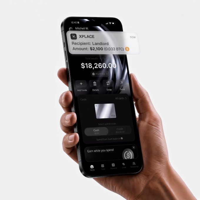 A hand holds a smartphone displaying a crypto wallet app showing a $2,100 (0.033 BTC) transaction to "Landlord" with a total wealth of $18,260.00 and "XPLACE" branding, illustrating the post's message about converting Bitcoin to fiat currency for everyday payments like rent.
