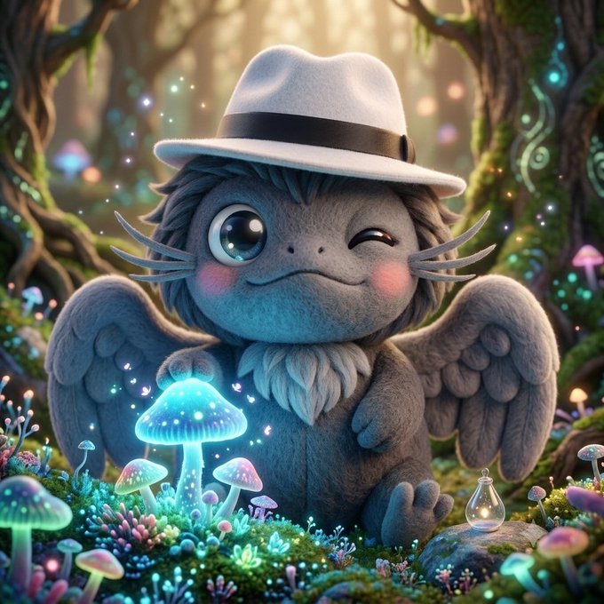A whimsical digital illustration of a cute, fluffy grey creature wearing a white fedora, winking playfully while surrounded by glowing bioluminescent mushrooms and magical particles in an enchanted forest setting.