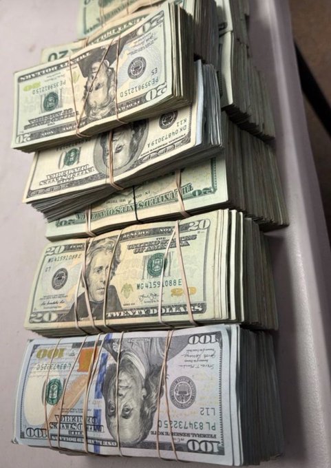 Several thick stacks of bundled U.S. $20 and $100 bills are piled together, suggesting a large amount of cash.