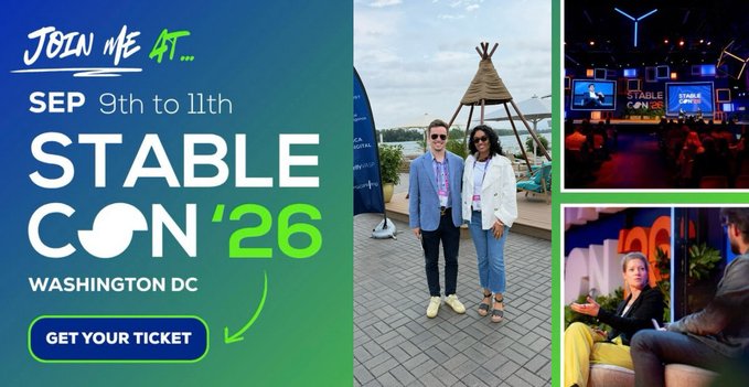 Promotional graphic for Stablecon 2026 in Washington, D.C. (September 9th-11th), featuring a "How it works?" section with a countdown timer (2d 23:56:35) and displaying user @DRPC777 with 47,317 points, matching the speaker's announcement of attending the conference.