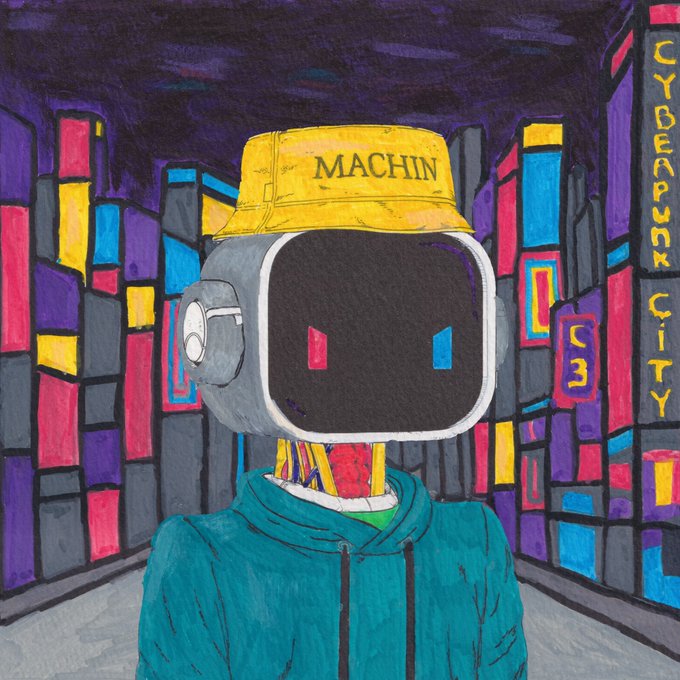 A hand-drawn illustration features a robotic character wearing a yellow bucket hat reading "MACHIN" and a teal hoodie, standing in a vibrant cyberpunk cityscape with neon signs displaying "CYBER CITY" and "C3." The piece reflects the collaborative, onchain NFT art experience described, where each unique drawing is colored by a parent and child before being preserved as a one-of-one digital collectible.