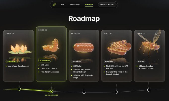 A dark-themed website roadmap page titled "Roadmap" with five phases displayed in glass-like panels, highlighting "PHASE 02 - IN PROGRESS" featuring NFT Mint, Launchpad Launch, and First Token Launches, with a "YOU ARE HERE" marker indicating the current stage of Swarm's development toward becoming the #1 launchpad on the Robinhood Chain.