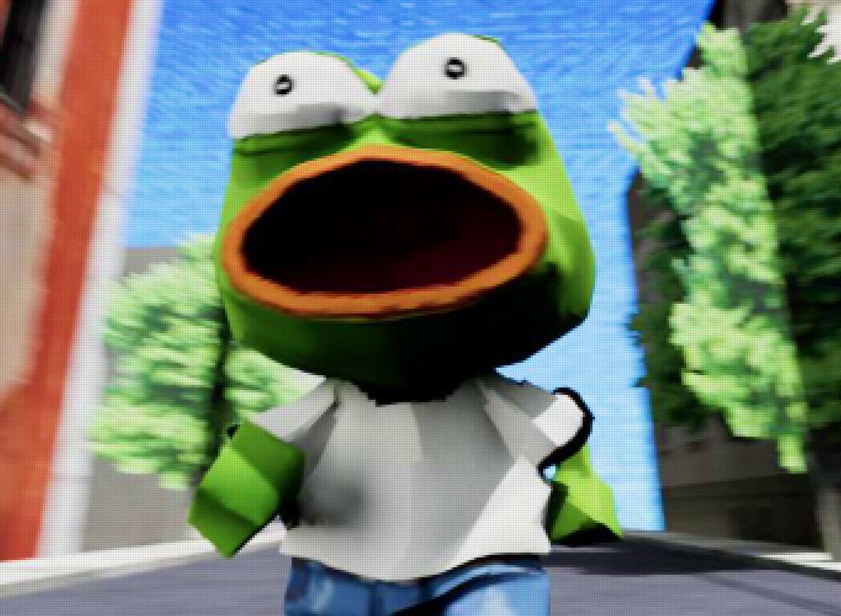 The image features a cartoon frog with an open mouth, wearing a white shirt and blue jeans. The frog appears to be running down a street or road, giving the impression of movement and energy. The background includes trees and buildings, creating a sense of depth in the scene. The caption below the image reads "Prince of Pepes  → Stealth public → Fuck bots". This suggests that the image is related to a video game or streaming platform where the character Prince of Pea has been created as a stealth character, known for his ability to blend into any environment and avoid detection by others.