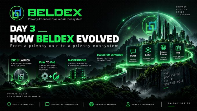 An infographic for "BELDEX" titled "DAY 3 — HOW BELDEX EVOLVED", showing the evolution from a "2018 LAUNCH" privacy coin to a full ecosystem featuring BChat, BelNet, BelDex Browser, and BNS, with text "From a privacy coin to a privacy ecosystem."