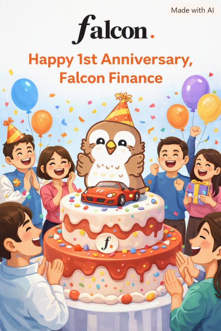 A cartoon-style anniversary graphic reading 'falcon. Happy 1st Anniversary, Falcon Finance' showing children celebrating around a tiered cake with a falcon mascot wearing a party hat, labeled 'Made with AI'.