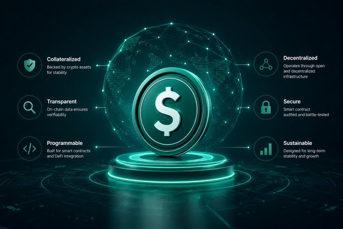 A glowing digital dollar coin sits atop a futuristic pedestal surrounded by a network sphere, highlighting six core features of USDD: Collateralized (backed by crypto assets), Decentralized (operates through open infrastructure), Transparent (on-chain verifiability), Secure (smart contract audited), Programmable (smart contracts/DeFi), and Sustainable (long-term stability). The infographic visually reinforces the post's message that USDD's value lies not in removing institutions but in enabling transparent, decentralized blockchain-based monetary systems.