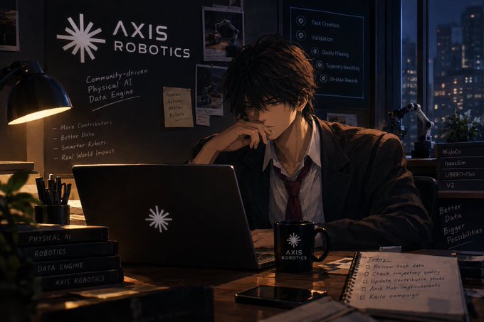 Illustration of a man working late at a desk for 'AXIS ROBOTICS' with text 'Community-driven Physical AI Data Engine' and a whiteboard listing 'More Contributors, Better Data, Smarter Robots, Real World Impact'.
