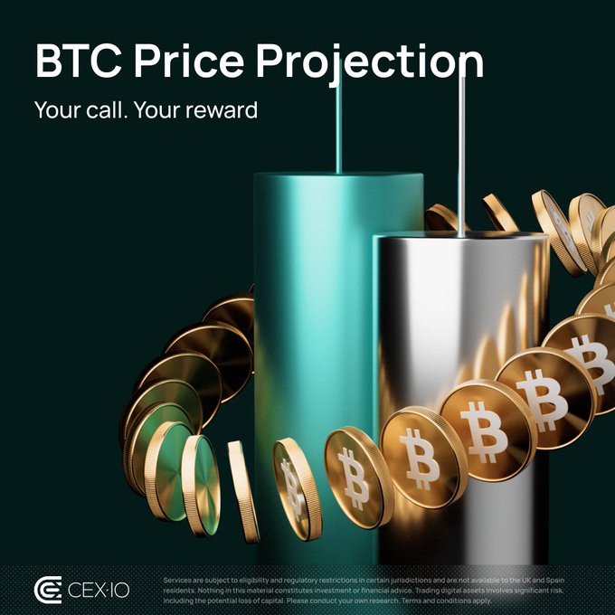 A promotional graphic from CEX.IO titled "BTC Price Projection - Your call. Your reward," featuring stylized 3D Bitcoin coins cascading around teal and silver cylinders against a dark green background, advertising a contest where users predict the BTC/USD price and the closest guess wins $50–$300 in BTC.