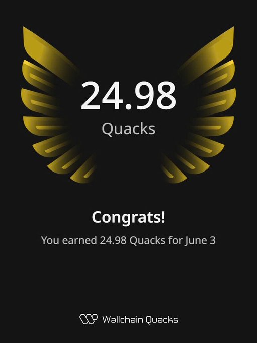 The image shows an award card with a gold eagle design featuring the number 24.99. The card congratulates the user for earning 44.98 Quacks, which appears to be related to a project called @wallchainQuacks by Wallchain Quacks. The text in the post emphasizes the importance of execution speed and highlights how projects take months to plan and execute, as seen in various examples shared on the website. The image focuses mainly on celebrating the user's accomplishment within this context.