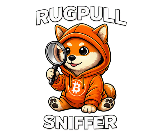 A cartoon mascot of a Shiba Inu dog wearing an orange hoodie with a Bitcoin logo, holding a magnifying glass, labeled 'RUGPULL SNIFFER'.