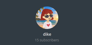 The image shows a channel avatar featuring an illustration of a girl with red hair, sunglasses, and a heart t-shirt against a beach backdrop, with the channel name "dike" displayed below it alongside "15 subscribers."

This profile belongs to the user "dike" (15 subscribers) who is hosting a $10 SOL giveaway that requires engagement via quote and address drops.