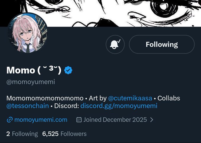 The image features a Twitter post with a pink background that reads "Momo" followed by a blue circle containing a white bell icon, indicating that the account is active. The post also includes a link to a website named "@tesssonchain".