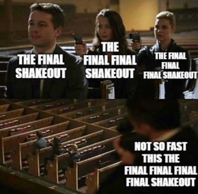 A two-panel meme from a movie showing characters holding guns in a church with labels 'THE FINAL SHAKEOUT', 'THE FINAL FINAL SHAKEOUT', 'THE FINAL FINAL FINAL SHAKEOUT', and a second panel labeled 'NOT SO FAST THIS THE FINAL FINAL FINAL FINAL SHAKEOUT'.