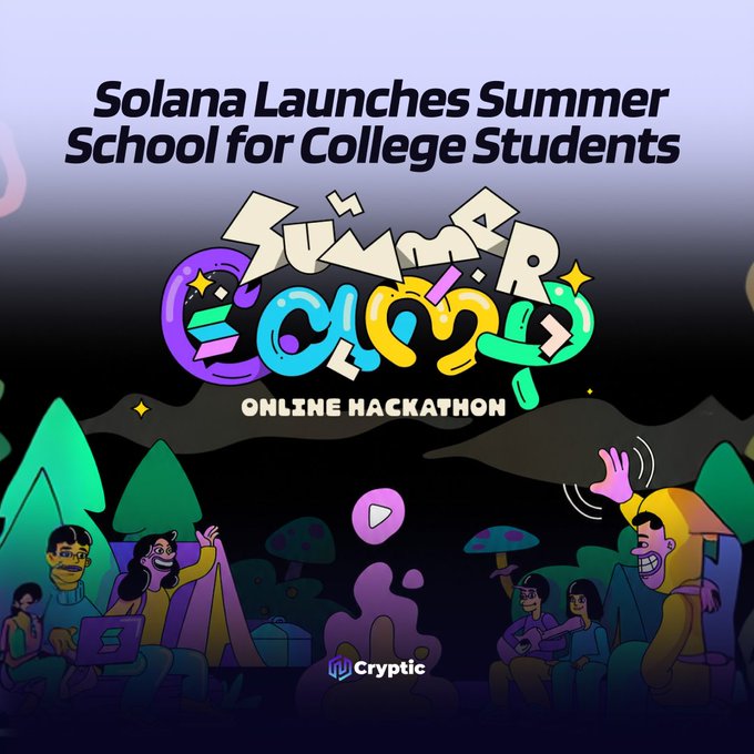 The image features a poster with a cartoon illustration of people sitting around a campfire, surrounded by trees and mountains. The text on the poster reads "Summer Camp" and "Online Hackathon", suggesting that this event is focused on learning and building within the Solana ecosystem.