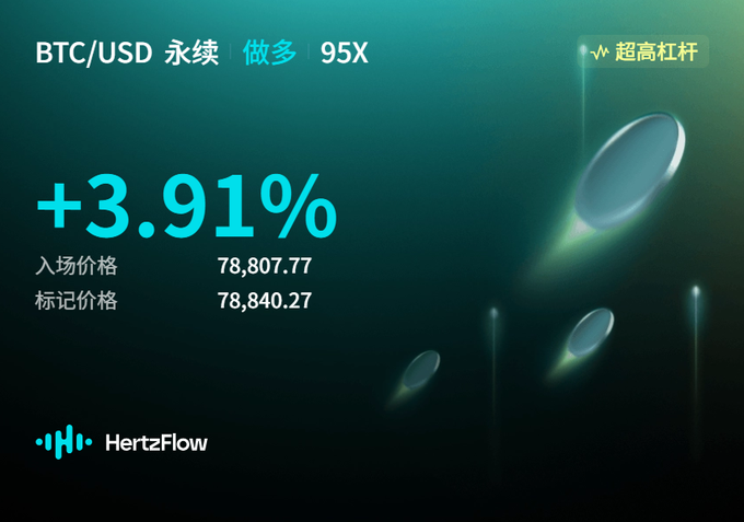 A screenshot from HertzFlow displaying a BTC/USD perpetual long position at 95x leverage showing +3.91% profit, with entry price 78,807.77 and mark price 78,840.27, marked as '超高杠杆' (ultra high leverage).