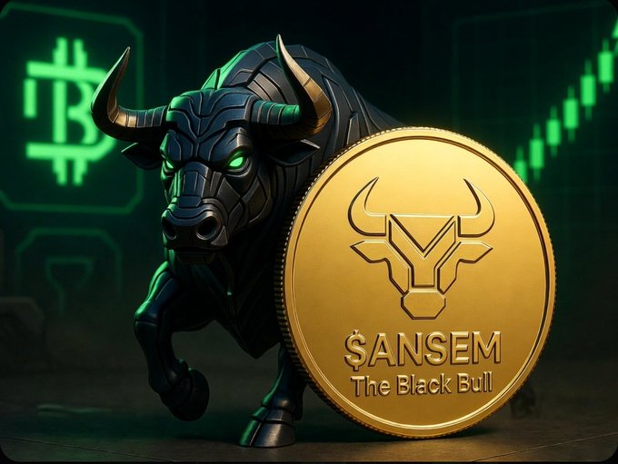 A crypto-themed graphic featuring a black bull with green glowing eyes next to a large gold coin labeled '$ANSEM - The Black Bull', with a Bitcoin logo and green trading chart in the background.
