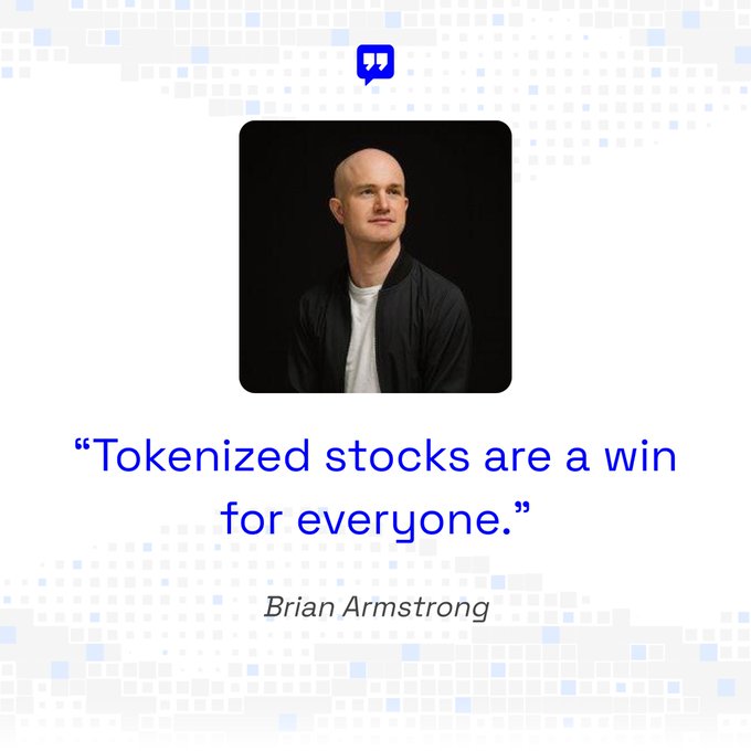 A quote graphic featuring a portrait of Brian Armstrong, CEO of Coinbase, with the quote "Tokenized stocks are a win for everyone." displayed in blue text, paired with his name. The image visually reinforces the post's message about Coinbase's initiative to launch 1:1 backed tokenized stocks that provide real equity ownership and shareholder rights.