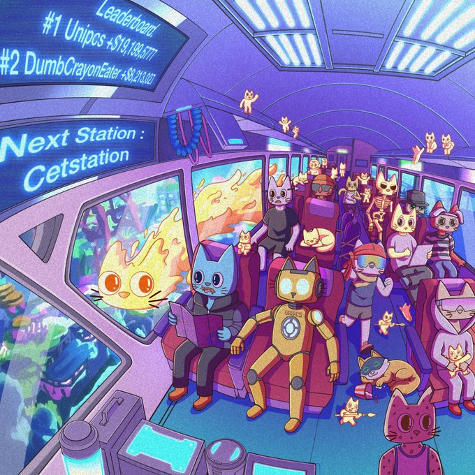 A colorful, anime-style illustration depicts various anthropomorphic cat characters riding a train, with a large flame-like creature visible through the window. The onboard leaderboard displays "#1 Unipcs +$13,138,377" and "#2 DumbCrayonEater +$8,203,927," tying directly to the post about the winners "Cetstation" featuring @theunipcs and DumbCrayonEater.
