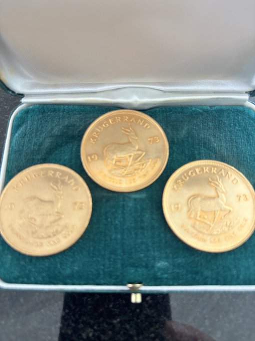 Three gold Krugerrand coins dated 1973, each featuring a springbok antelope, rest inside a green velvet-lined display case.