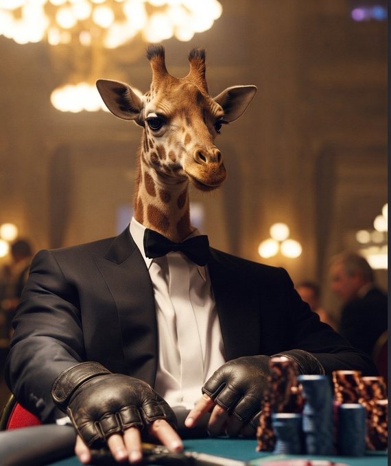 A surreal AI-generated image of an anthropomorphic giraffe dressed in a formal black tuxedo with a bowtie and fingerless gloves, sitting at a casino poker table with chips stacked in front of it.