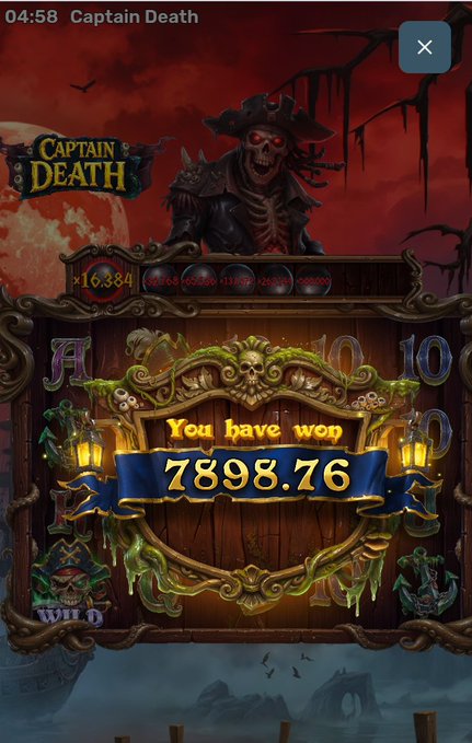 A screenshot from a slot game called "Captain Death" shows a winning notification of 7,898.76 credits, with a creepy skeletal pirate captain looming in the background. The image relates to a "$100 GIVEAWAY" post, likely being used to celebrate a big win or promote a giveaway to followers.
