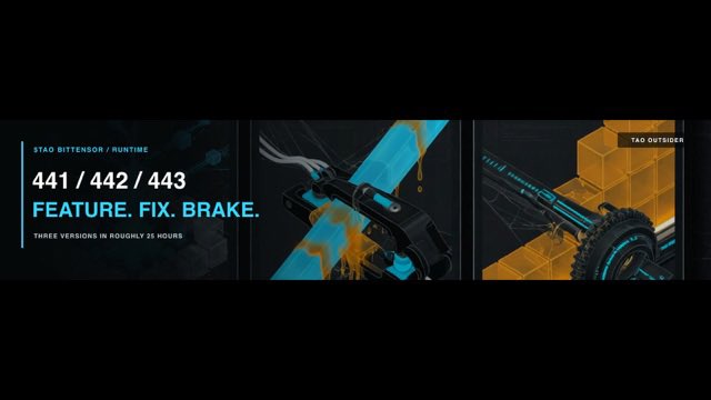 Promotional graphic for Bittensor (TAO) highlighting three runtime updates (441, 442, and 443) shipped in roughly 25 hours, labeled "FIX. FEATURE. BRAKE." and branding the releases as "TAO BITTENSOR < RUNTIME" and "TAO OUTSIDER" alongside futuristic industrial imagery.