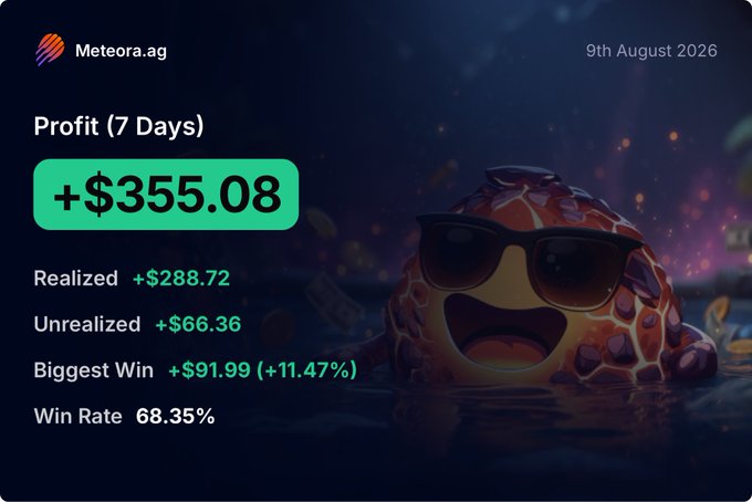 The Meteora.ag platform shows a profit of +$355.08 over 7 days, with a win rate of 68.35%, likely achieved through memecoin trading.