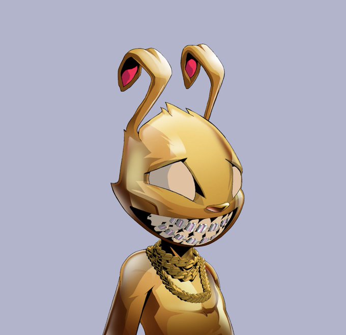 A 3D render of a golden, cartoonish rabbit-like character with sharp teeth, pink inner ears, and gold chain necklaces.