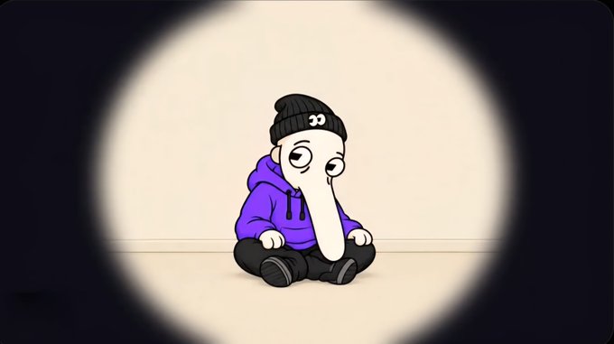 A stylized cartoon illustration depicts a character wearing a purple hoodie and black beanie (with the iconic '00' eyes from Bored Ape) sitting on the floor against a plain background, framed within a circular vignette on a black background.