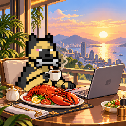 A pixel art illustration of a dog wearing sunglasses, enjoying a meal of lobster, coffee, and salad while working on a laptop with a coastal city sunset view in the background.