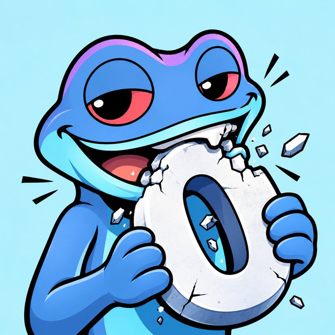 A cartoon illustration of a blue frog with pink eyes smiling widely while holding a cracked white ring or donut-like object.
