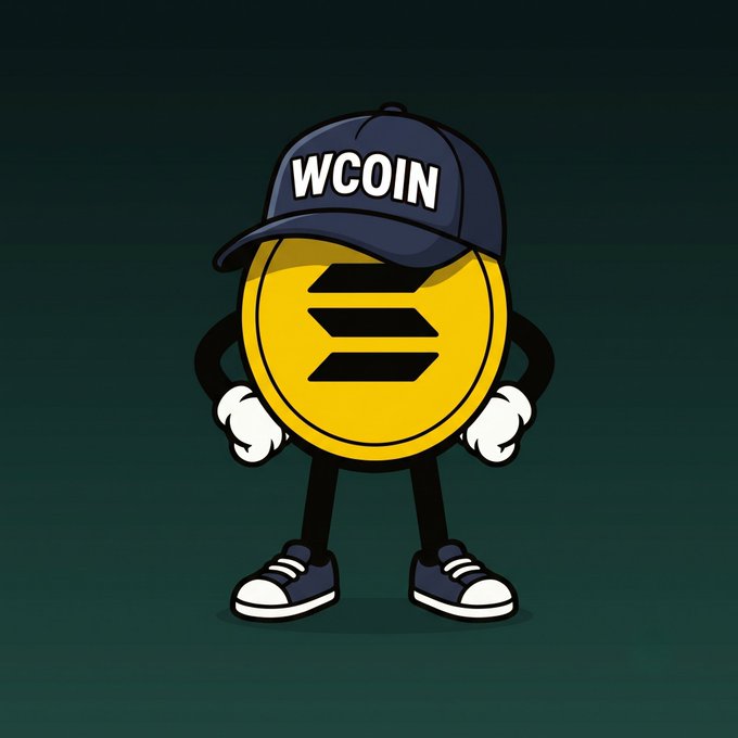 A cartoon Solana (SOL) logo character wearing a 'WCOIN' baseball cap, white gloves, and sneakers against a dark green backdrop.