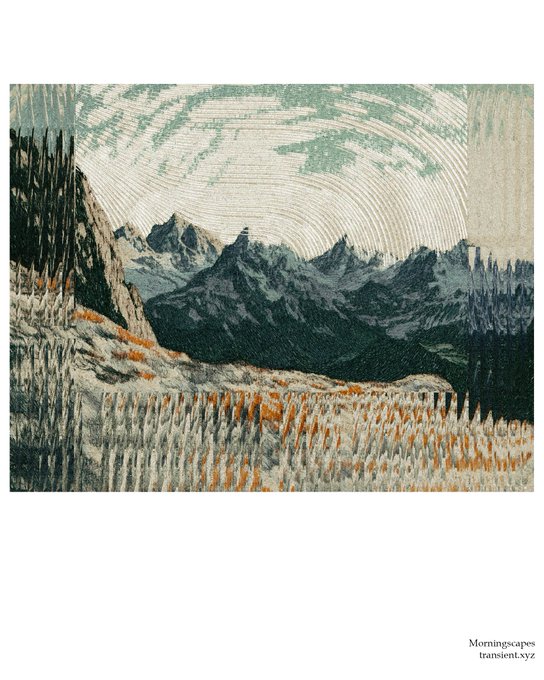 An artwork titled 'Morningscapes' by transient.xyz depicting a mountain landscape with a green sky, rocky peaks, and a foreground of grass with orange accents.