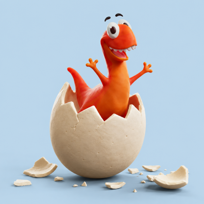 A playful 3D-rendered cartoon illustration of an orange dinosaur with big eyes happily hatching out of a white eggshell against a light blue background.