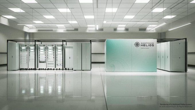 The image shows a large, white server room with multiple servers lined up against the wall. The room has a clean, modern design with white walls and floors that reflect light throughout the space. A sign reading "HONEYWELL BACKED QUANTINUUM" is prominently displayed in the room. The servers are arranged in rows, indicating a well-organized and efficient setup for data storage or processing.