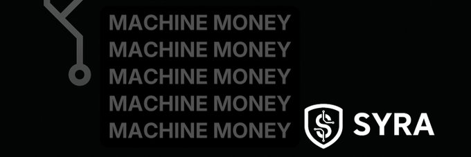 The image features a banner with the text "Machine Money" written in white letters, followed by an illustration of a machine surrounded by black lines. The background color of the banner is gray. Below this, there's a logo for the cryptocurrency exchange Solana that reads "dexscreener.com/solana/ha56u92". This suggests that the image is related to the cryptocurrency market and the concept of automated money management.