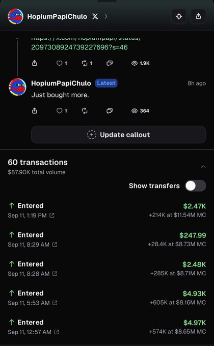 The image shows a social media post by "HopiumPapiChulo" with the caption "Just bought more," along with a transaction history displaying 60 transactions totaling $87.90K in volume, including multiple "Entered" trades of $2.47K to $4.97K on September 11. The transactions support the accompanying post claiming the user is bidding on $STONKEX, expecting it to reach new all-time highs.